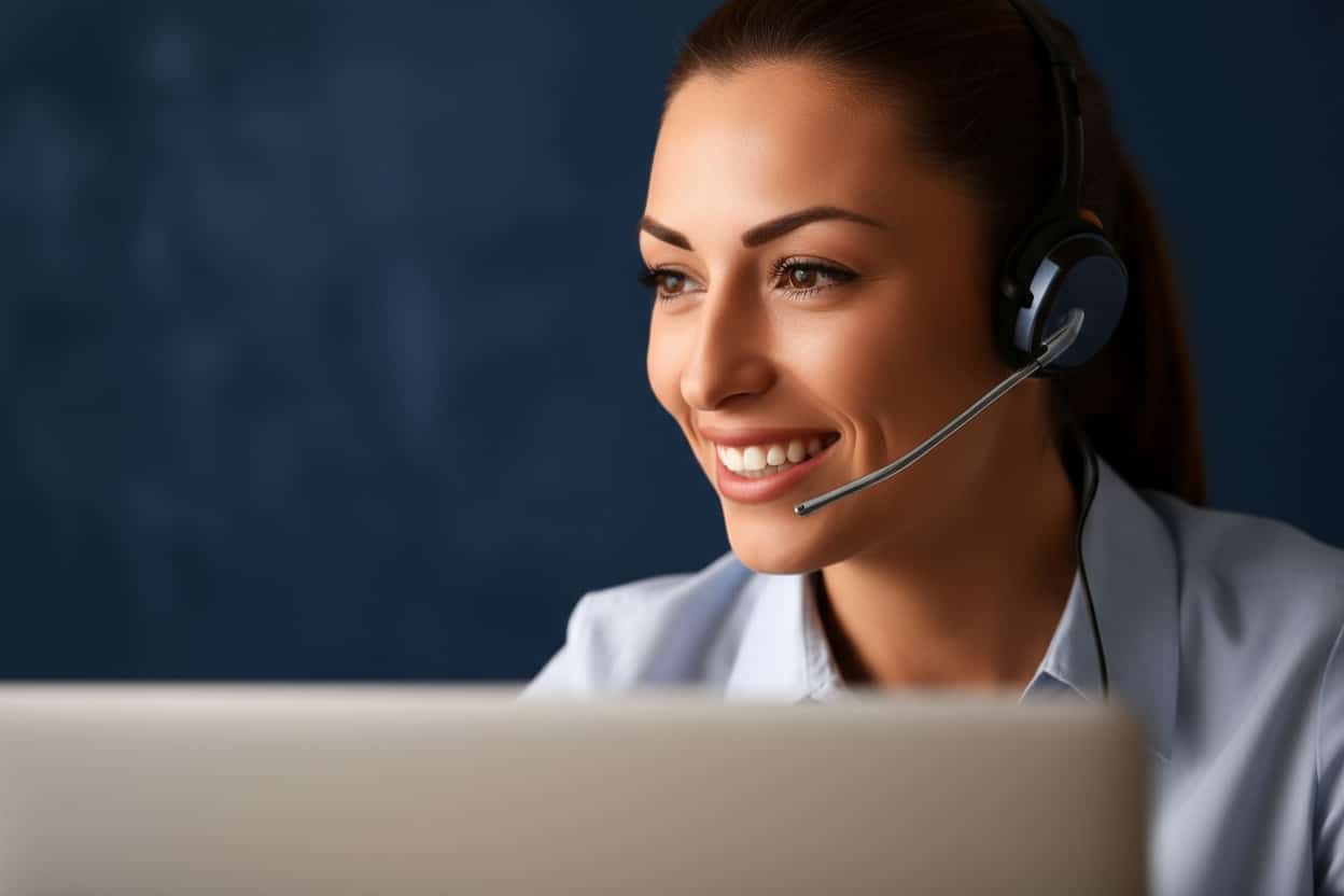 Friendly customer service woman with headset smiling during a video call