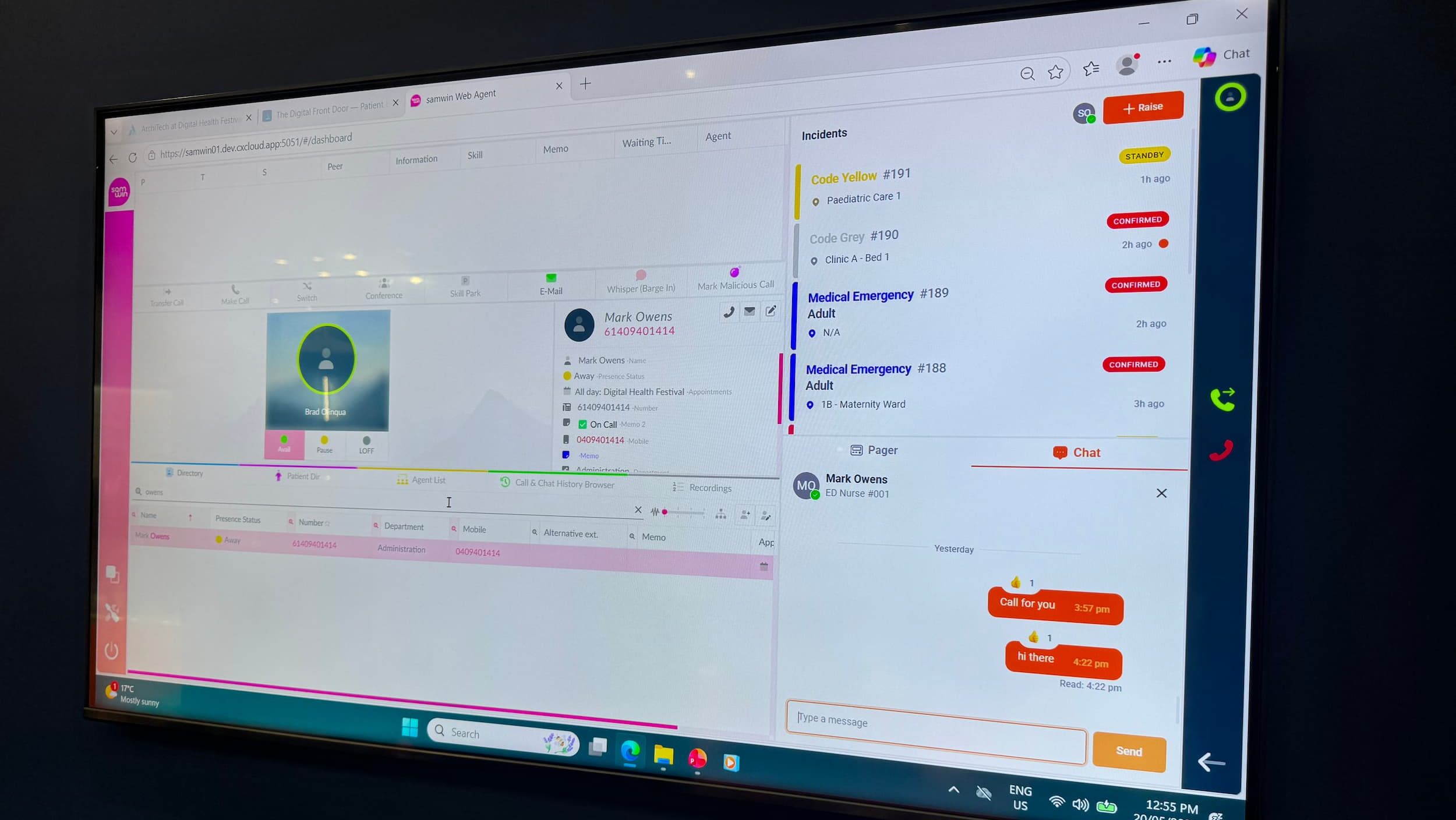 samwin dashboard showing hospital incidents and chat